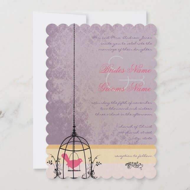 Vintage Bird Cage Eggplant  Wedding Invitations (Front)