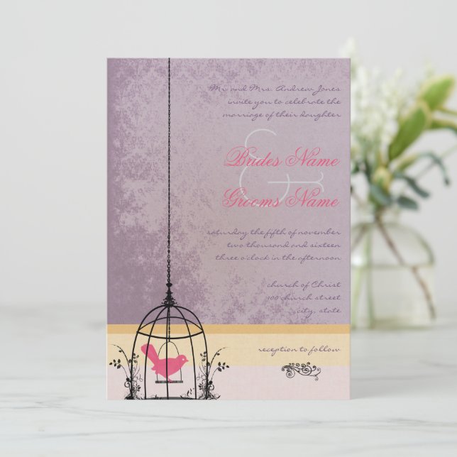 Vintage Bird Cage Eggplant  Wedding Invitations (Standing Front)