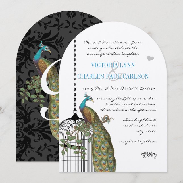 Vintage Bird Cage Peacock Wedding Invitations (Front/Back)