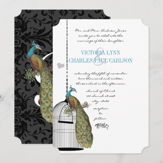 Vintage Bird Cage Peacock Wedding Invitations (Front/Back)