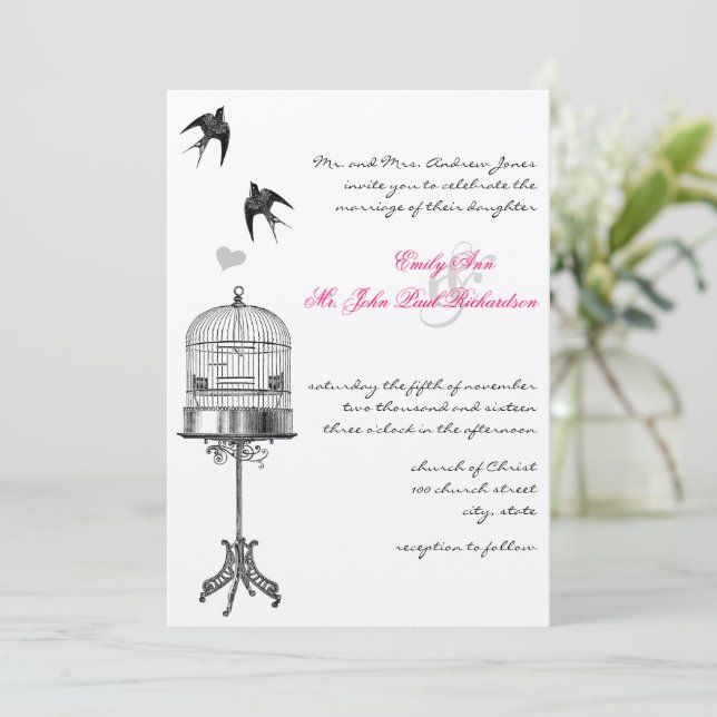 Vintage Bird Cage Pink Accents Wedding Invitations (Standing Front)