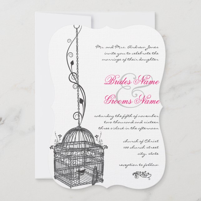 Vintage Bird Cage Pink Accents Wedding Invitations (Front)