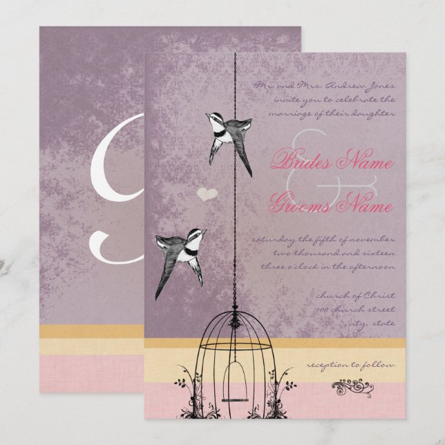 Vintage Bird Cage Purple Gold Pink Wedding Invitation (Front/Back)