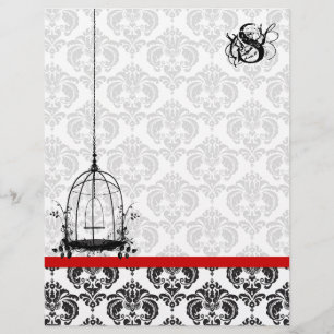 Vintage Bird Cage Red Damask Monogram Letterhead