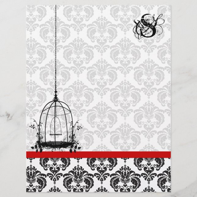 Vintage Bird Cage Red Damask Monogram Letterhead (Front)