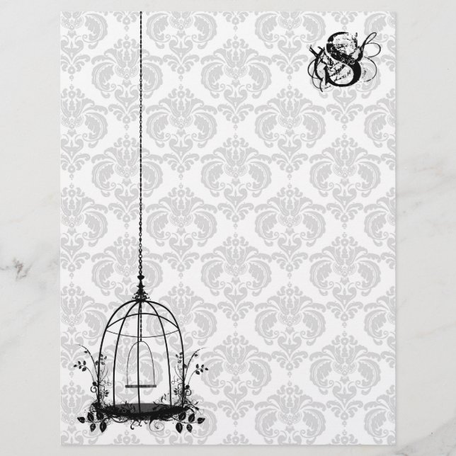Vintage Bird Cage Red Damask Monogram Letterhead (Front)