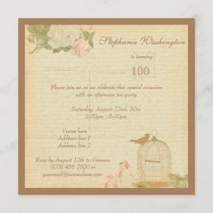 Vintage Bird Cage & Roses 100th Birthday Invitation