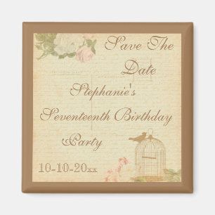 Vintage Bird Cage & Roses 17th Birthday Magnet