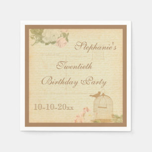 Vintage Bird Cage & Roses 20th Birthday Napkin