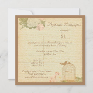Vintage Bird Cage & Roses 21st Birthday Invitation