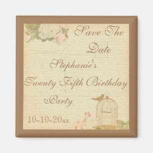 Vintage Bird Cage & Roses 25th Birthday Magnet