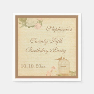 Vintage Bird Cage & Roses 25th Birthday Napkin