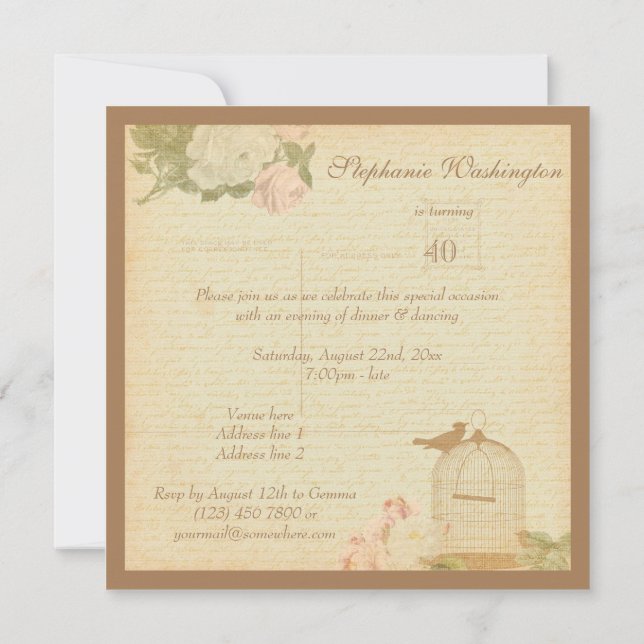 Vintage Bird Cage & Roses 40th Birthday Invitation (Back)