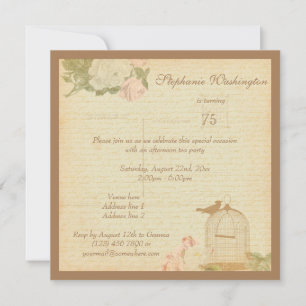 Vintage Bird Cage & Roses 75th Birthday Invitation