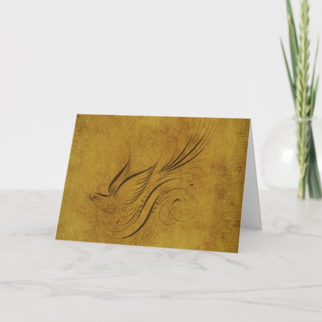 Vintage Bird Calligraphy on Gold Card (Front)