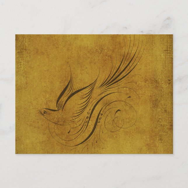 Vintage Bird Calligraphy on Gold Postcard (Front)