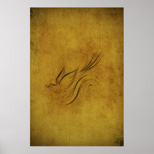 Vintage Bird Calligraphy on Gold Poster