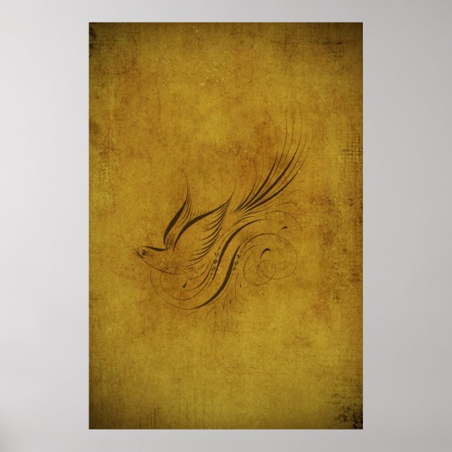 Vintage Bird Calligraphy on Gold Poster (Front)