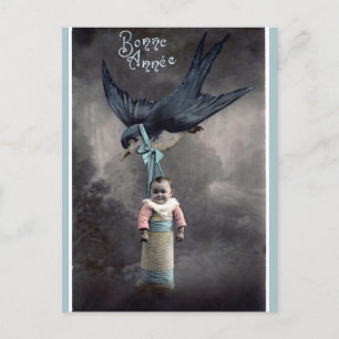Vintage Bird Carrying Baby Happy New Year Postcard