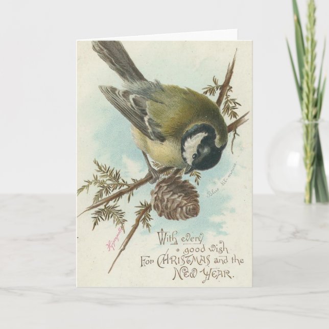 Vintage Bird Christmas and New Year Holiday Card (Front)