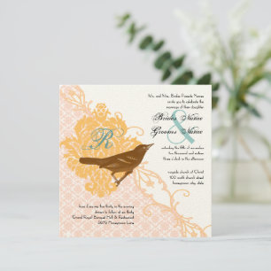 Vintage Bird Coral Gold Aqua Endive Damask Wedding Invitation