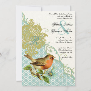 Vintage Bird Coral Lagoon Endive Damask Wedding Invitation