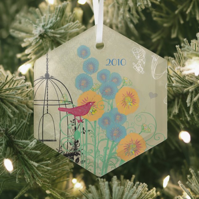 Vintage Bird Damask Bird Cage Christmas Ornament (Insitu)