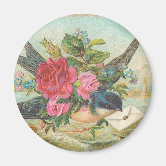 Vintage Bird Delivering a Letter Magnet (Front)