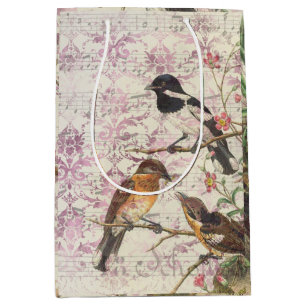 Vintage Bird Ephemera Decoupage Medium Gift Bag