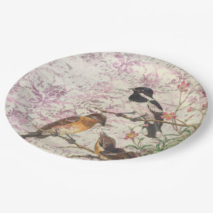 Vintage Bird Ephemera Decoupage Paper Plate