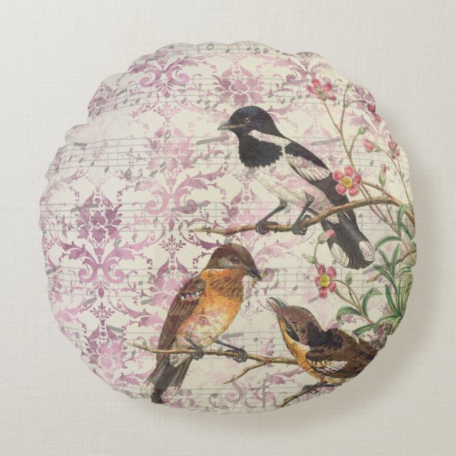 Vintage Bird Ephemera Decoupage  Round Cushion (Front)