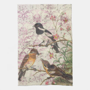 Vintage Bird Ephemera Decoupage Tea Towel