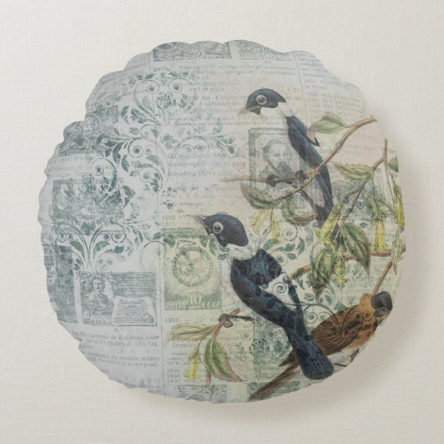 Vintage Bird Ephemera Round Cushion – Antique (Front)
