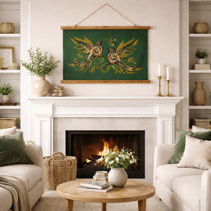 Vintage Bird Floral Green Hanging Tapestry