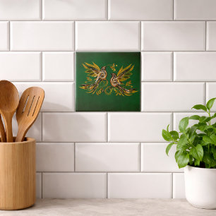 Vintage Bird Floral Green Tile