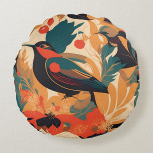 Vintage bird floral leaves #2 round cushion