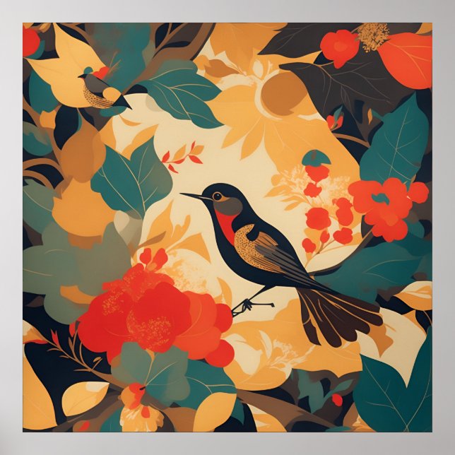 Vintage bird floral leaves poster (Front)