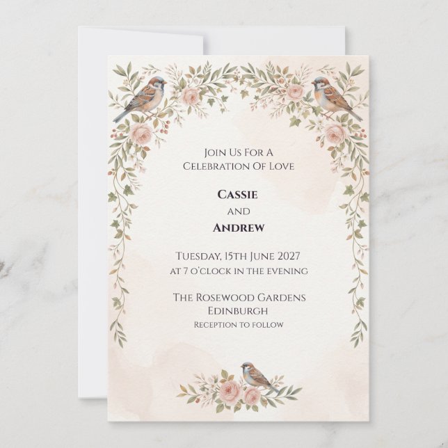Vintage Bird Floral Wedding Invitation (Front)