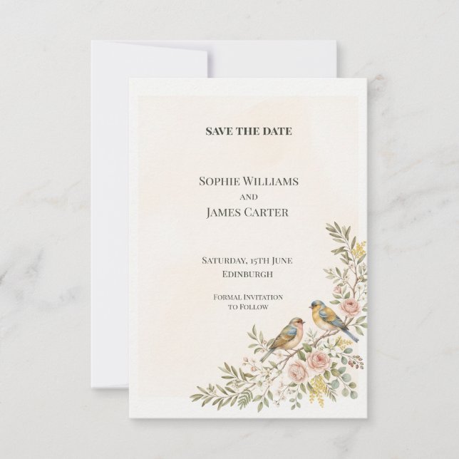Vintage Bird Floral Wedding Save The Date (Front)