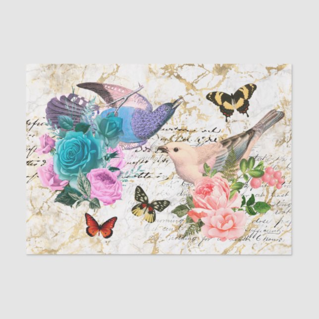 Vintage Bird, Flower & Butterfly Art, Decoupage Tissue Paper (Front)