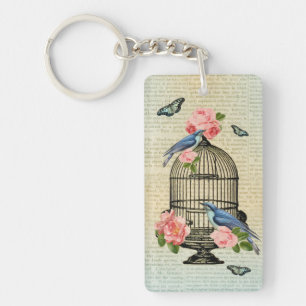 Vintage bird & flower feminine & girly keychain