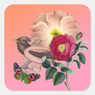 Vintage Bird Flowers Butterfly Coral Pink Collage Square Sticker