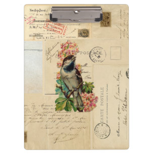 Vintage Bird Flowers French Postcards Clipboard