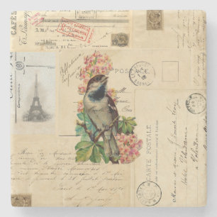 Vintage Bird Flowers French Postcards Coaster