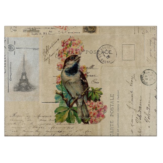 Vintage Bird Flowers French Postcards Cutting Board (Front)