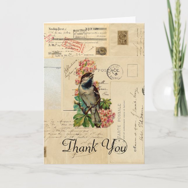 Vintage Bird Flowers French Thank You Card (Front)