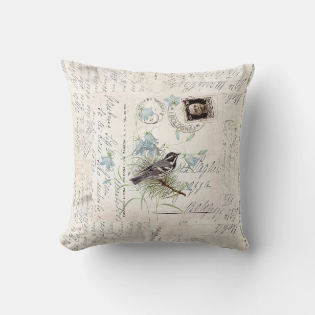 Vintage Bird Flowers Italian Postcard Pillow (Front)