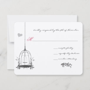 Vintage Bird Grey Birdcage Pink Accents Wedding RSVP Card