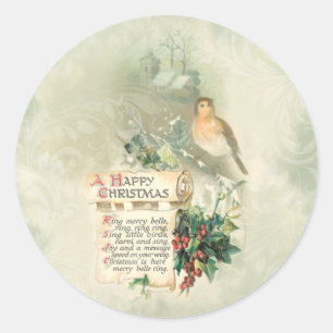 Vintage Bird, Holly & Happy Christmas Scroll Classic Round Sticker