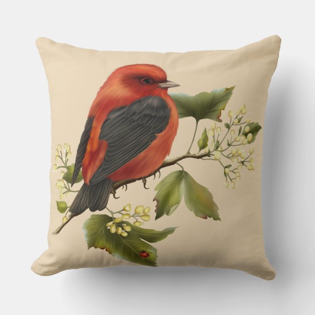 Vintage Bird Illustration Throw Pillow (Front)